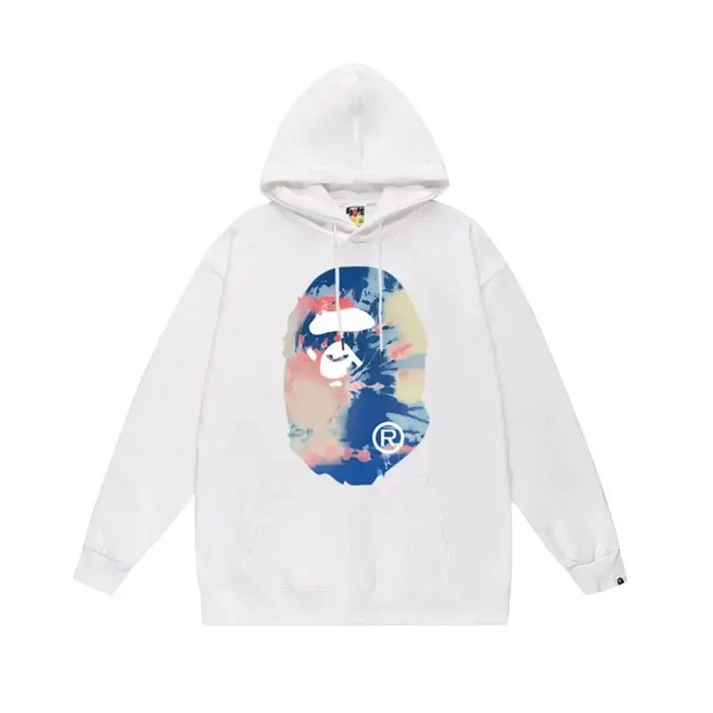 BAPE White Hoodie with Camouflage Ape Head Graphic & R Logo