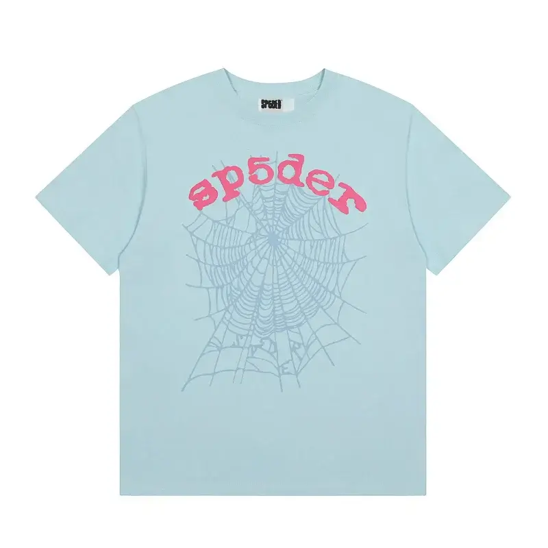 SP5DER Light Blue T - Shirt with Spider Web & Pink "sp5der" Graphic