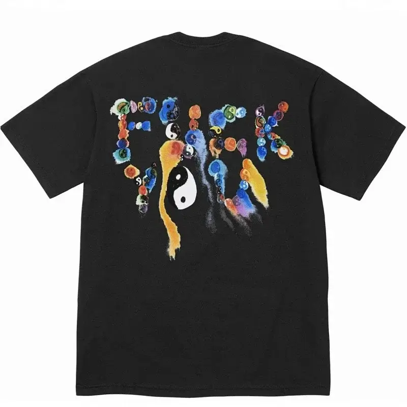 FORK Black Short - Sleeve T - Shirt with Back Colorful Yin - Yang & Dot - Formed Letter Graphic
