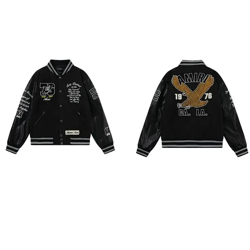 AMIRI Black Leather-Sleeve Baseball Jacket